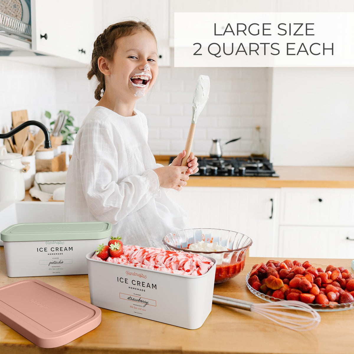 ZICOTO Set of 2 Reusable Ice Cream Tub Containers 2 Quart Each - Perfect for Homemade Sorbet, Frozen Yogurt Or Gelato - Stackable Storage Containers, Stickers And Lids Stores Easily In Freezer