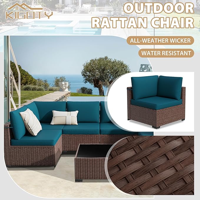 KIGOTY Patio Furniture Set, 7 Pieces Modular Outdoor Sectional Sofa, PE Rattan