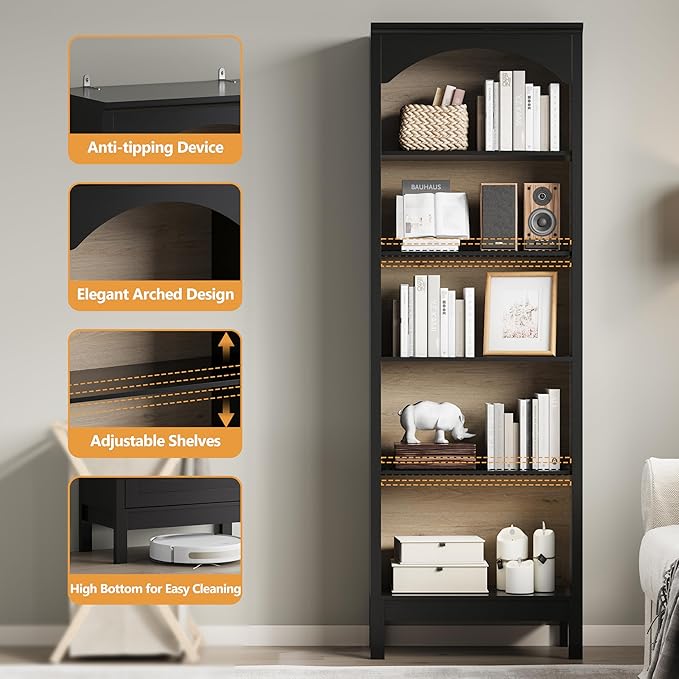 Arched Set of 2 Bookshelf with 5 Tier Open Shelves, Living Room, Modern Black