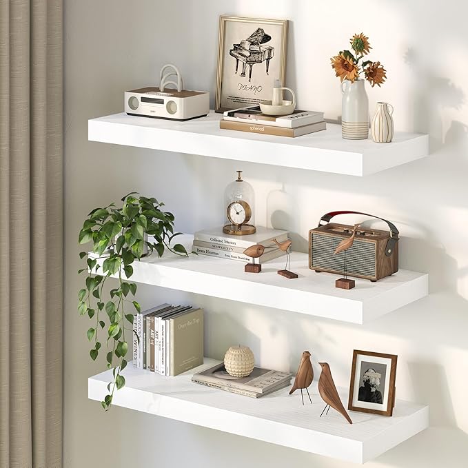 32Inch White Floating Shelves for Wall, 12 Inch Deep Shelves for Bedroom