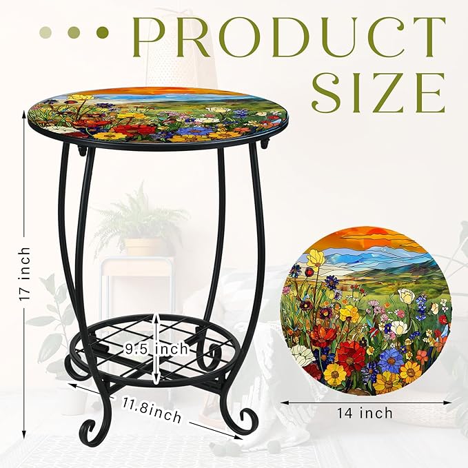 Cinnvoice Outdoor Side Table Round Small Mosaic Patio Accent Indoor End Plant