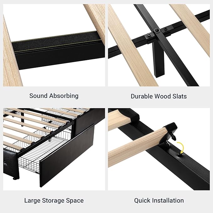Allewie King Size Black Metal Faux Leather Platform Bed Frame