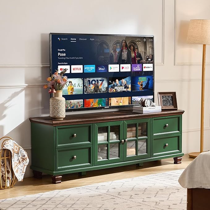 SAVOR LIFE Farmhouse TV Stand for Living Room, Rustic Green Entertainment Center