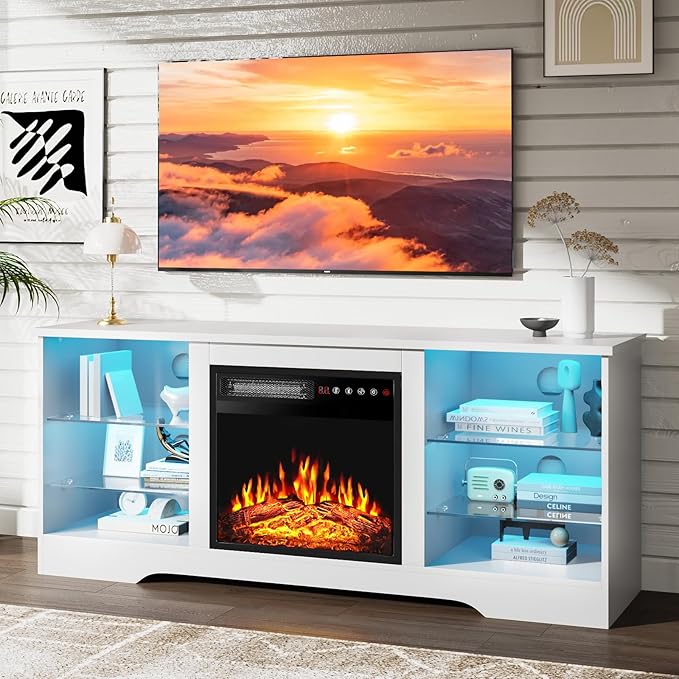 PRETZI Fireplace TV Stand with 18" Fireplace Up to 65" TVs, TV Media Console