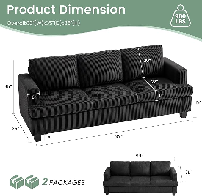 3 Pieces Corduroy Couch Set for Living Room, 7 Seats Cloud Sofa, Deep Seat