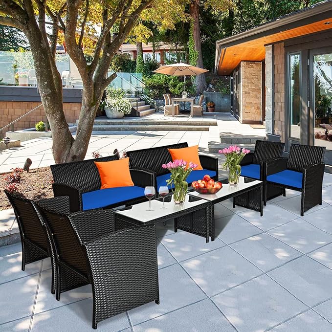 Tangkula 8 Pieces Patio Wicker Conversation Furniture Set, Patiojoy Sofa &