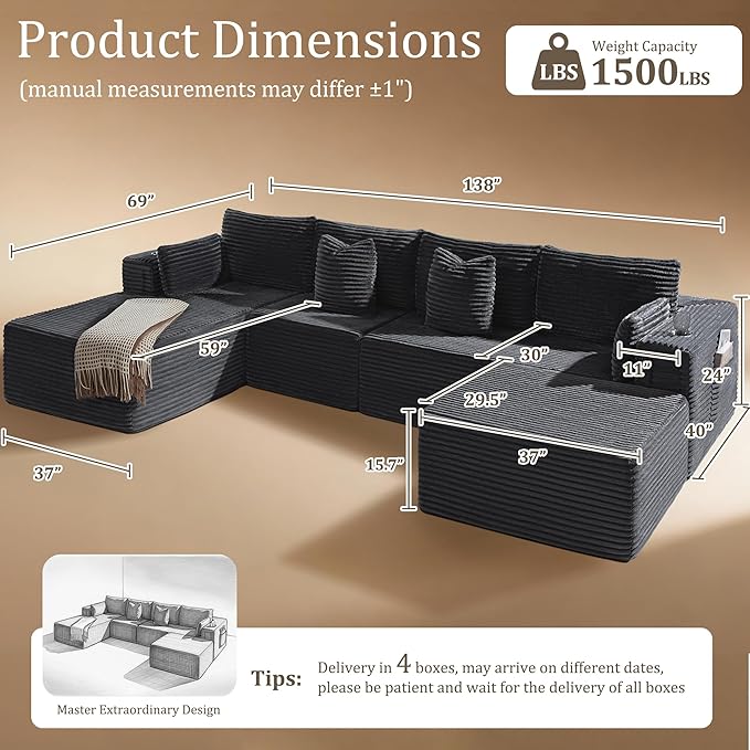 138" Oversized Cloud Sectional Couch, Comfort U Shaped Boneless Couch