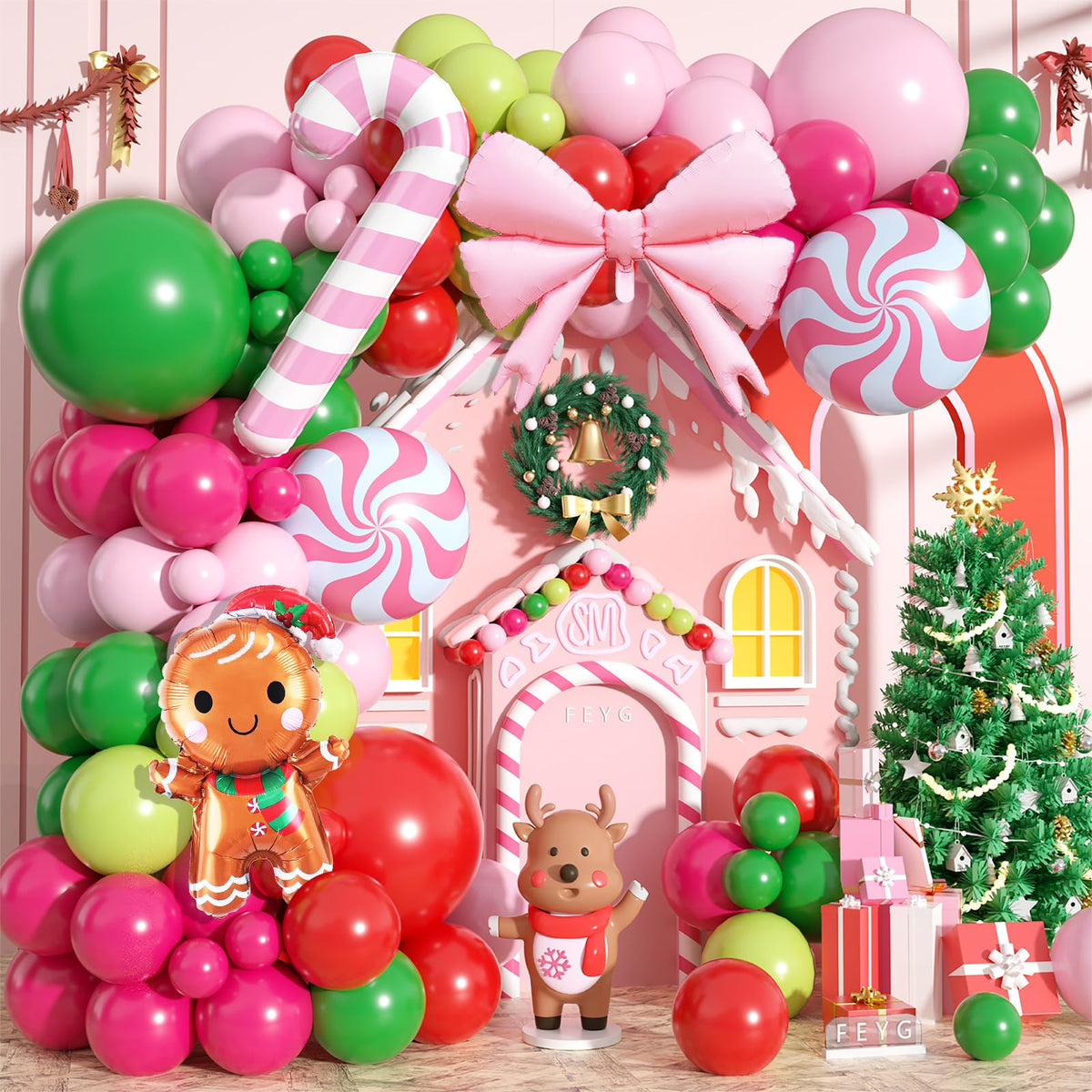 Christmas Balloons Arch Kit, 125 PCS Hot Pink Green Red Christmas Balloons, Gingerbread Balloon Garland with Candy Cane Bow & Gingerbread Foil Decorations for Party