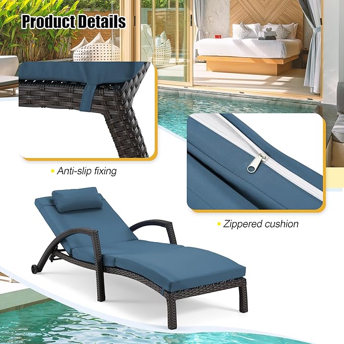 HOMREST Chaise Lounge Chairs Set of 6, PE Rattan Wicker Patio Lounge Chair