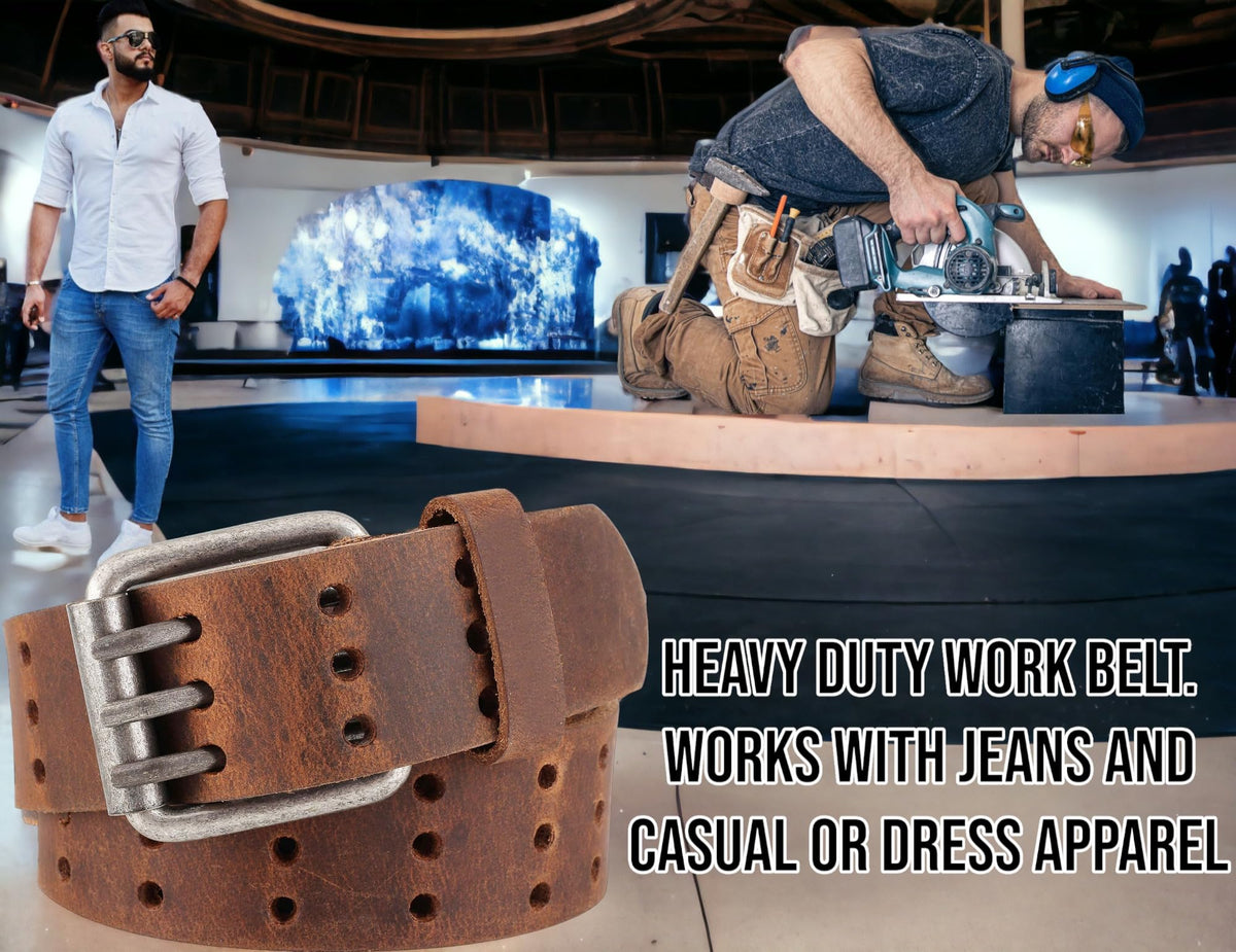 F&L CLASSIC Men's Genuine full grain leather belt heavy duty, work or casual belts for jeans, triple Prong buckle,1.5” wide,3193,size 34,tan