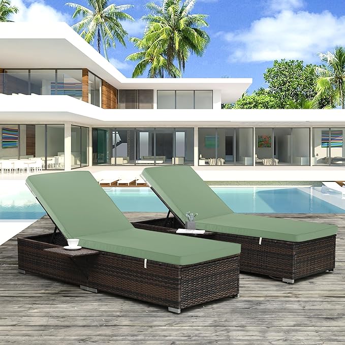 Outdoor Chaise Lounge Cushion Set of 2, Fadesafe Water-Repellent Lounge Deck