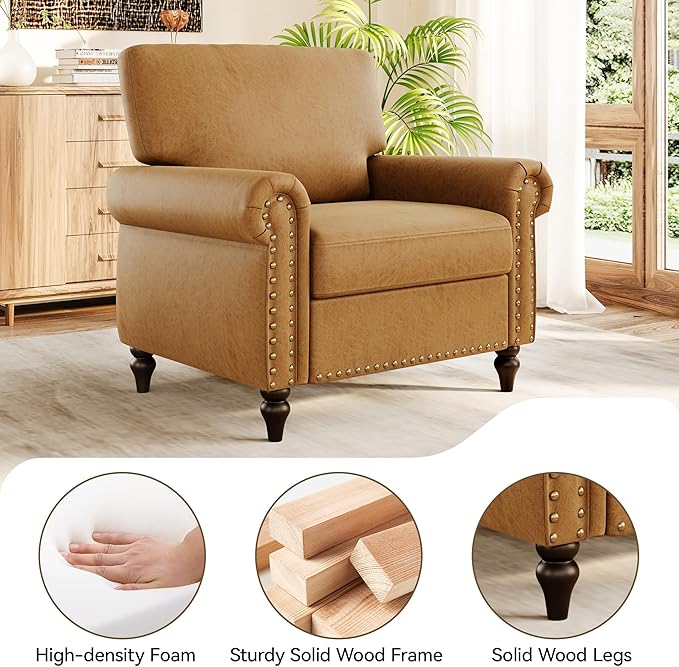 Nailhead Trim Accent Chairs Set of 2, Faux Leahter Mid Century Modern Living