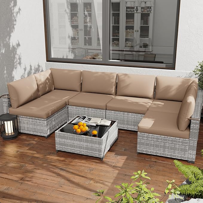 KIGOTY 7-Piece Patio Furniture Set, All-Weather PE Rattan Outdoor Sectional Sofa