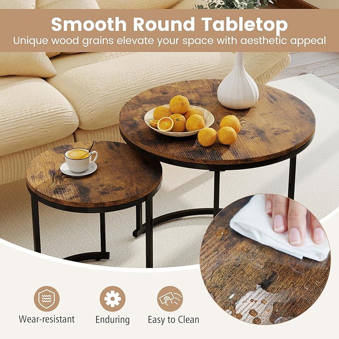 Giantex Nesting Coffee Table Set of 2, Round Stacking Side Tables w/Wooden
