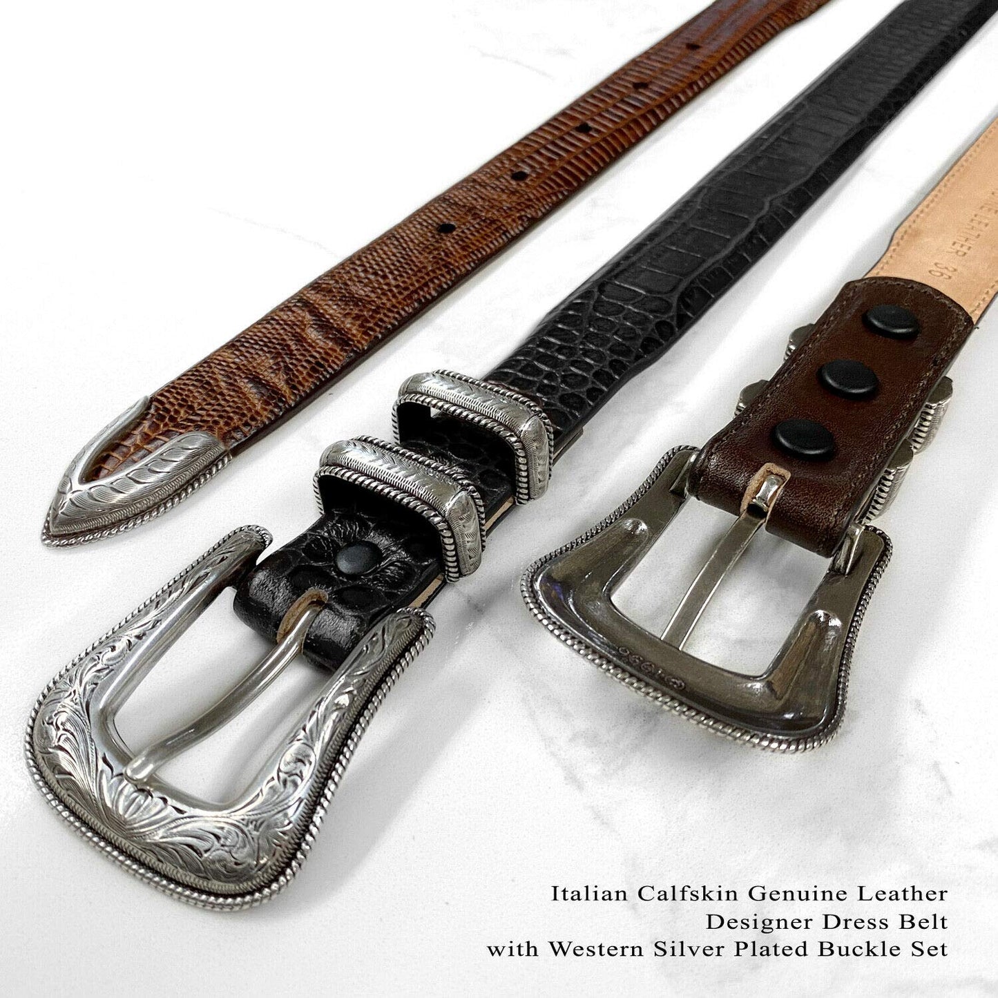 Brenton_Genuine Full-Grain Cowhide Leather Dress Belt with Western Silver Plated Buckle Set (Smooth Black, 38)