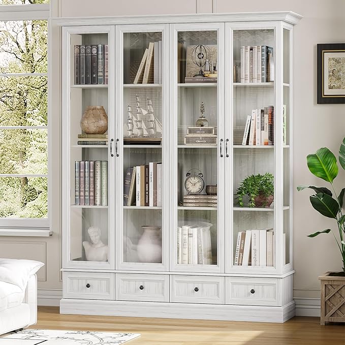 78" Large Storage Cabinet with Glass Doors, China Hutch, Farmhouse Kitchen