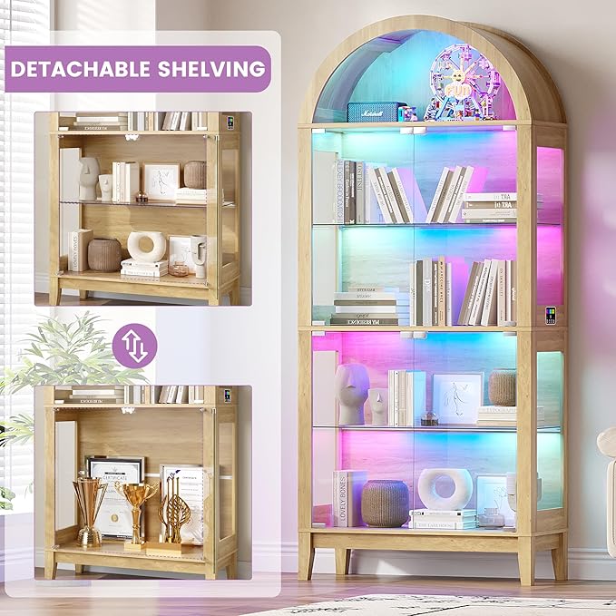 HNEBC Arched Display Case with RGB Lights, LED Curio Cabinet with Shelf