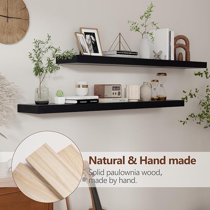 fuqing Black Floating Shelves 48 Inch, Solid Wood Wall Mounted Shelves Set of 2