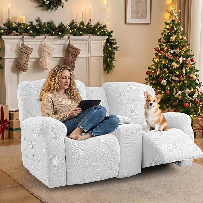 Recliner Loveseat Covers, 4-Piece Stretch Geometric Strokes Jacquard Reclining