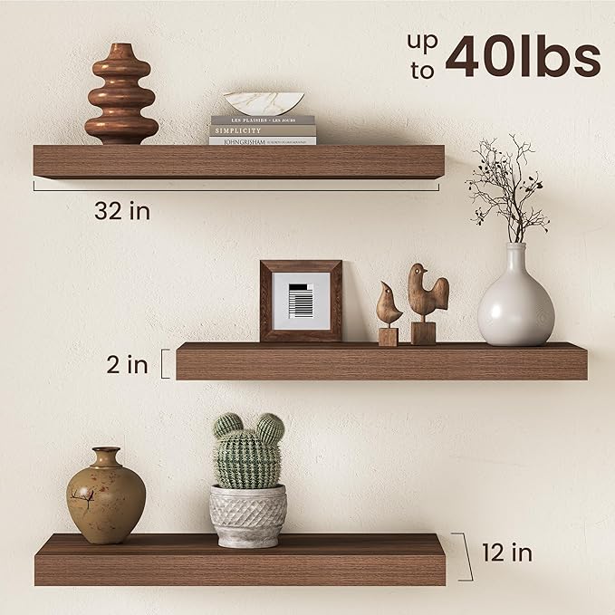 32Inch Walnut Floating Shelves for Wall, 12 Inch Deep Shelves for Bedroom