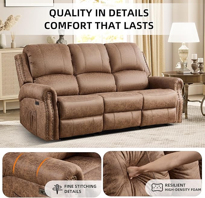 EBELLO Power Reclining Sofa for Living Room, Faux Leather 3 Seater Reclining