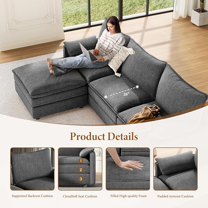 Vesgantti 142" U Shaped Sectional Couch, Comfy Cloud Modular Sectional Sofa
