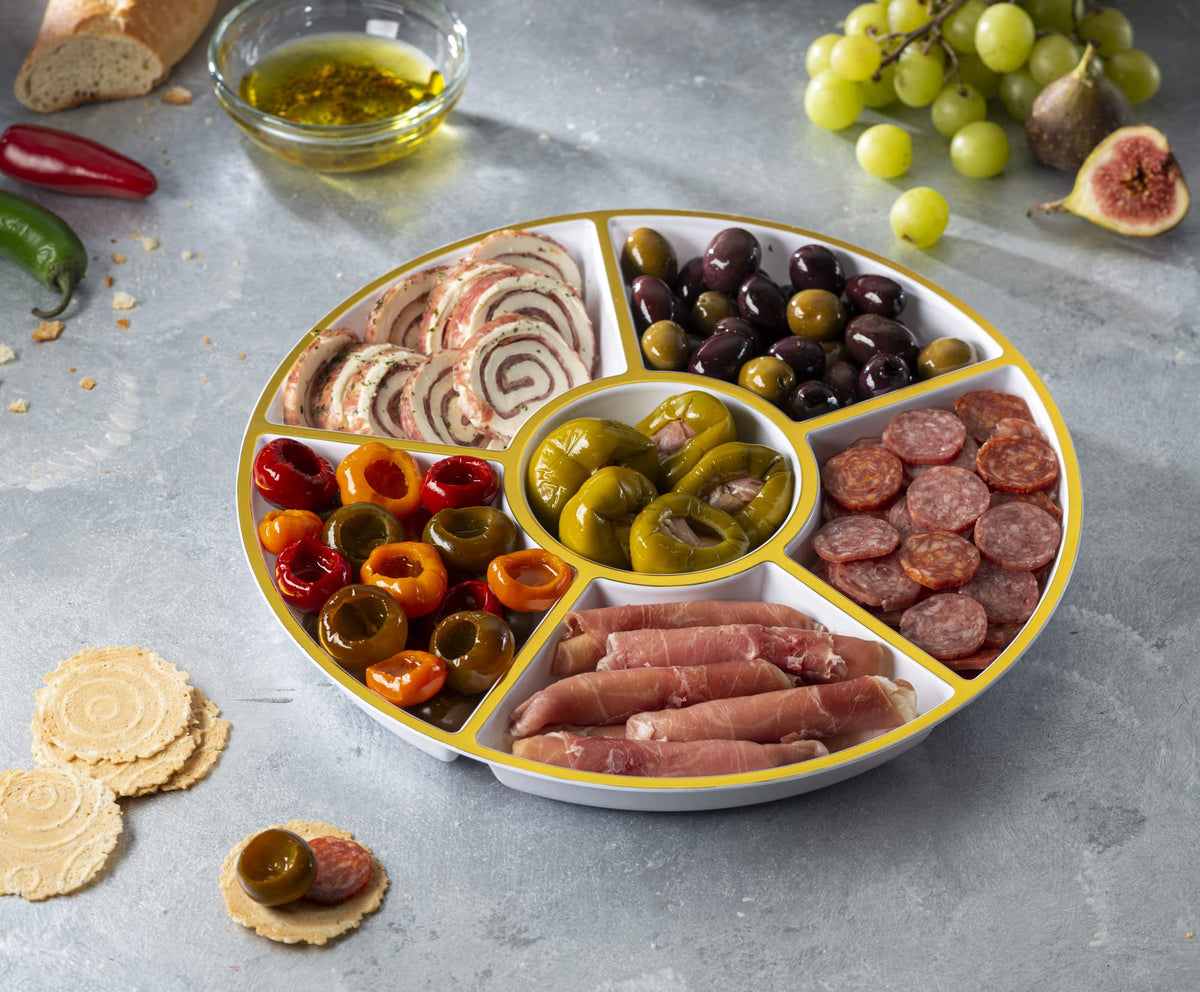 Plasticpro 6 Sectional Round Plastic Serving Tray/Platter (2, White & Gold)