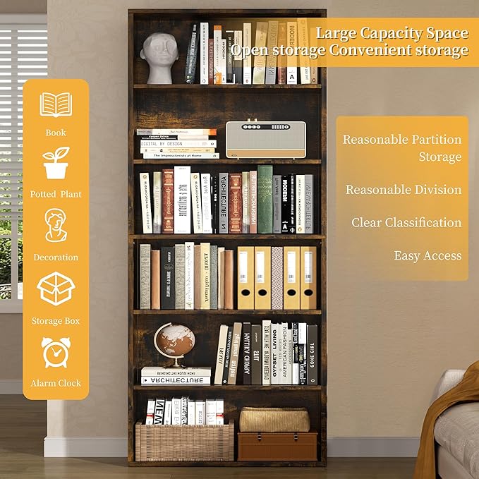 Shintenchi Bookshelf, 6-Tier Open Bookcase and Bookshelves, 6 Shelf Display
