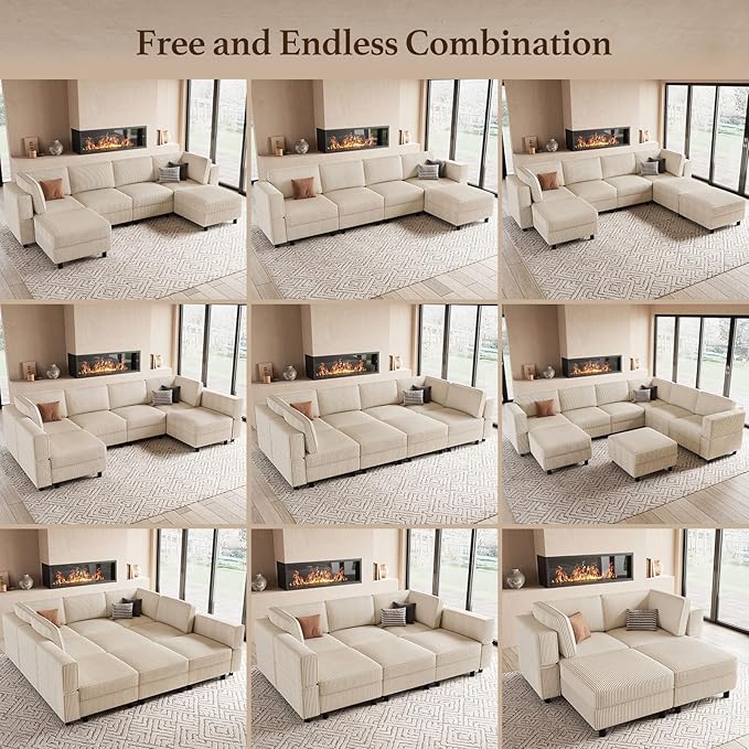 Belffin U Shaped Sectional Sofa Couch Convertible 6 Seater Corduroy Couch