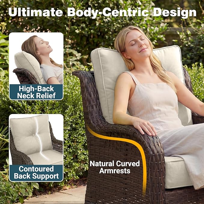 Patio Furniture Set, High Back Rattan Sofa & Swivel Rocker Chairs, Weather