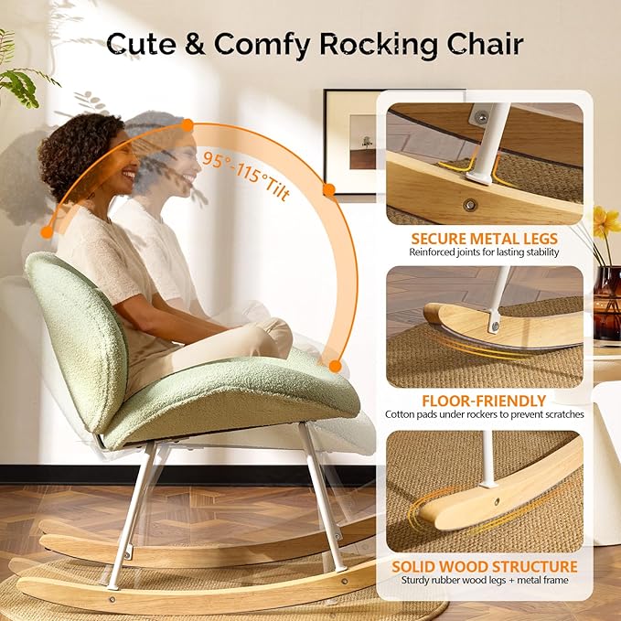 VINGLI 25.6" Extra Wide Criss Cross Nursery Rocking Chair, Cute Curved 115°