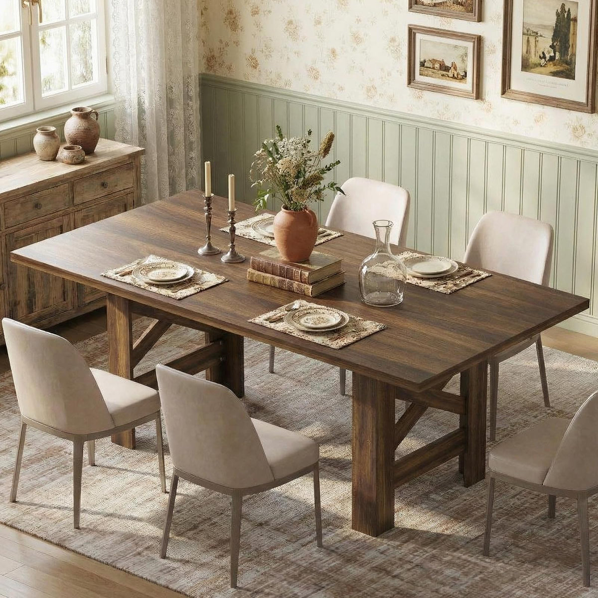 GarveeHome Dining Table for 6-8, 71" Long Large Wooden Farmhouse Kitchen Table with Thick Sturdy Frame, Rectangular Dining Room Dinner Table with Stable Triangular Legs for Kitchen,Office, Retro Brown