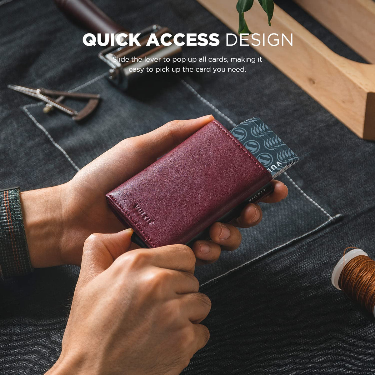 VULKIT Pop up Card Wallet Minimalist Cash Wallets RFID Blocking Leather Smart Credit Card Holder with ID window for Men(Wine)