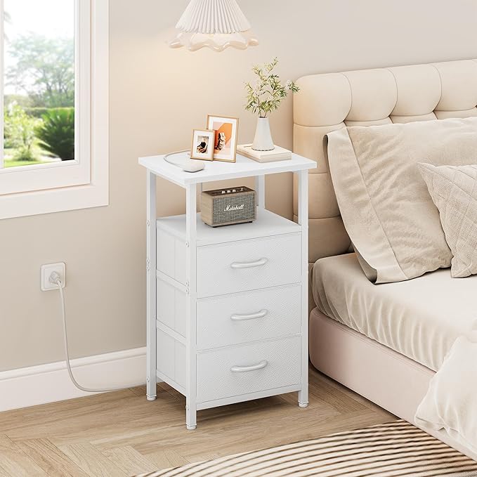 Vagusicc Nightstand with Charging Station, End Table Side Table with 3 Fabric