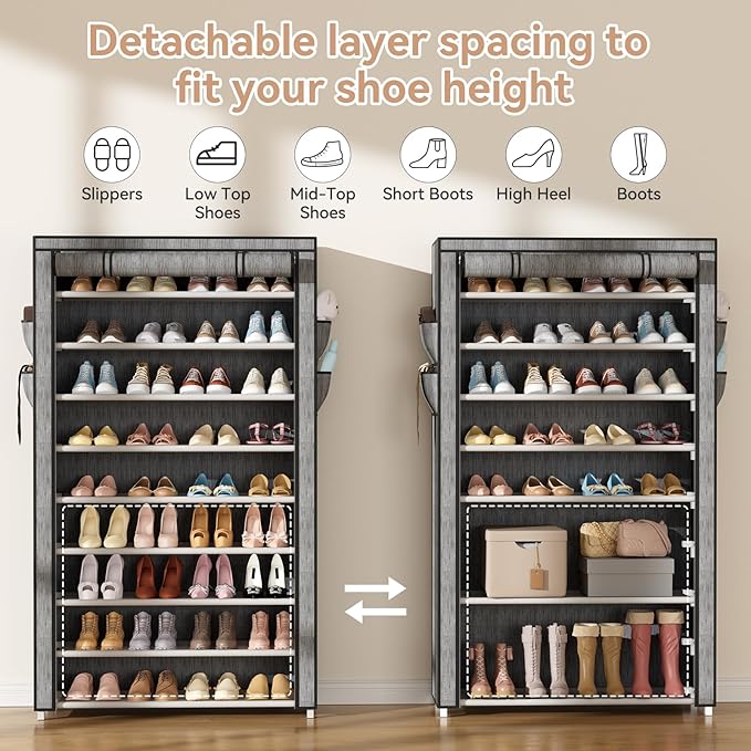 LANTEFUL Shoe Rack with Covers 10 Tier Tall Shoe Rack Organizer Large Capacity