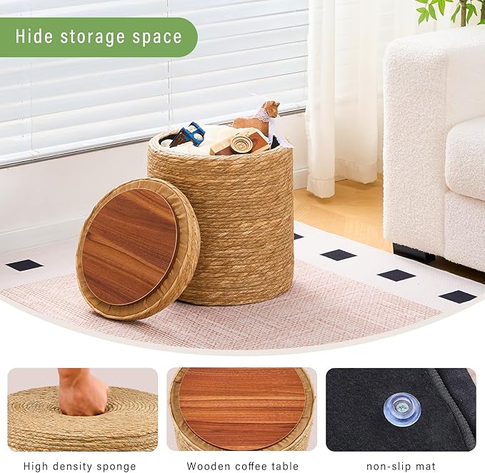 Wimarsbon Round Pouf Ottomans, Handwoven Natural Water Hyacinth Seagrass Pouffe