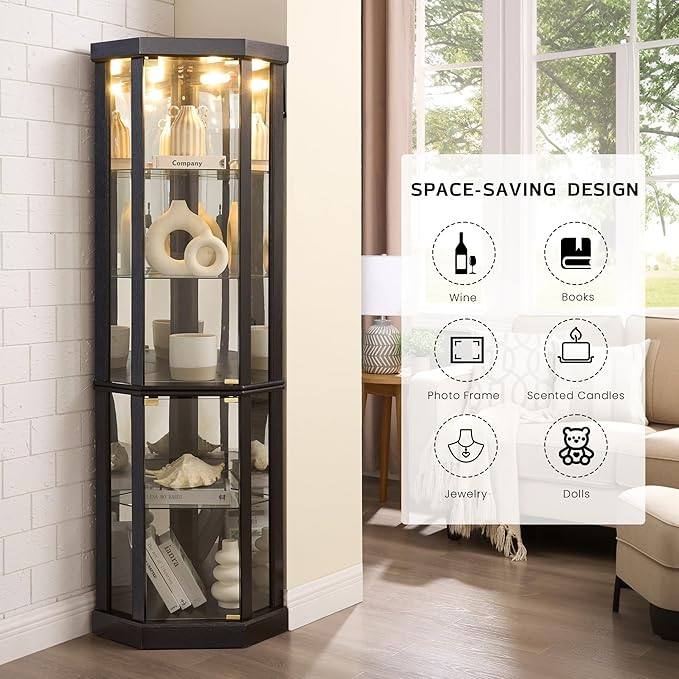 Corner Curio Cabinet, Light Bulb Inclued, Wine Bar China Cabinet