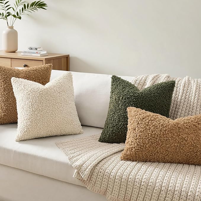 Faux Fur Throw Pillow Covers 20x20 Inch Set of 2 Boucle Neutral Decorative