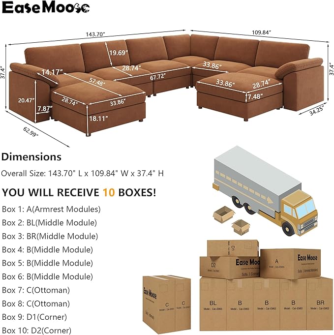 EASE MOOSE Oversized Sectional Modular Sofa, Chenille Large u Shape Sectional