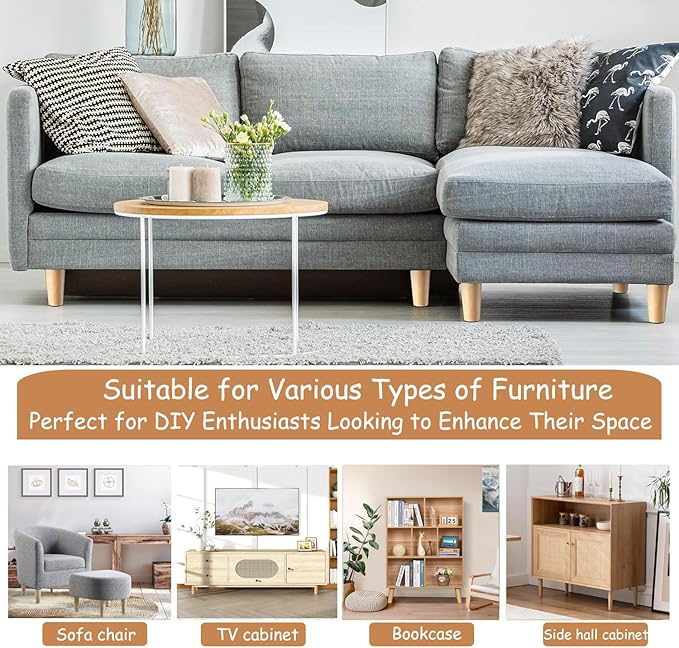Yaliuliu 6 Inches Round Solid Wood Furniture Legs Set of 4, Natural Wooden