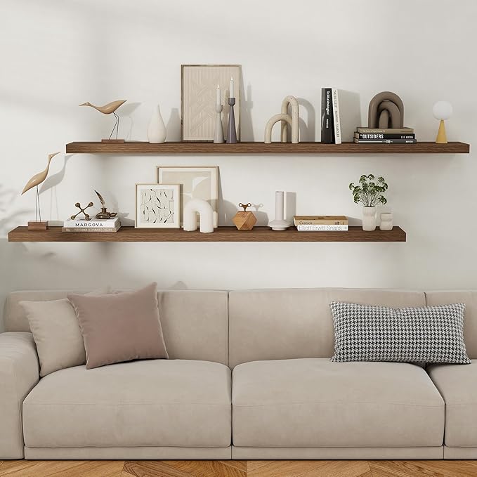Fun Memories Floating Shelves for Wall, 72 Inch Long Set of 2 Rustic Wood Wall