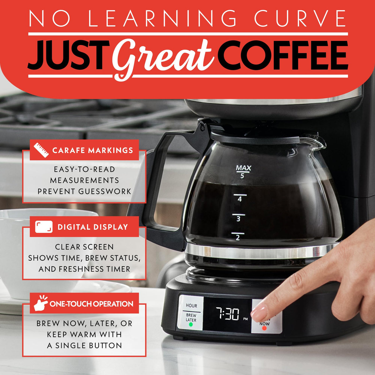 Gourmia Drip Coffee Maker – 5 Cup, One-Touch Brew, Pause & Serve, Adjustable 4 Hr Keep Warm, EZ-View Water Window, Black
