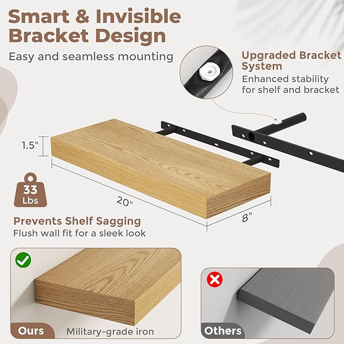 FLYJOE Floating Shelves for Wall, 20 Inch Floating Shelves Set of 2, Kitchen