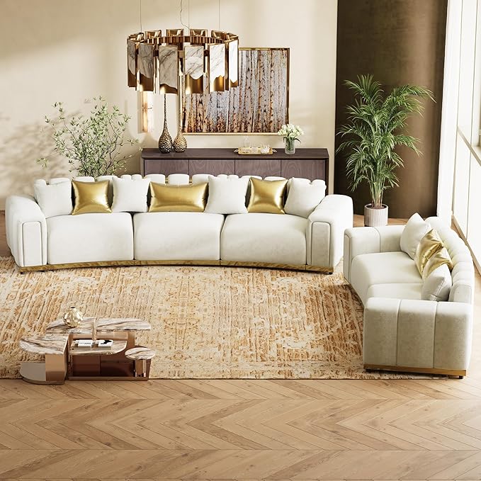 Oversized Luxury Chesterfield Sofa Set Velvet Beige and Gold Couch