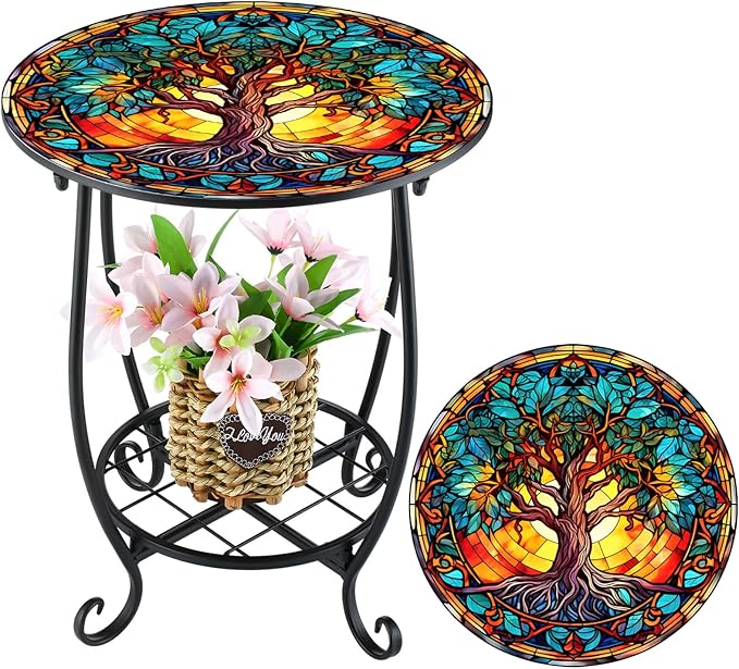 Cinnvoice Outdoor Side Table Round Small Mosaic Patio Accent Indoor End Plant