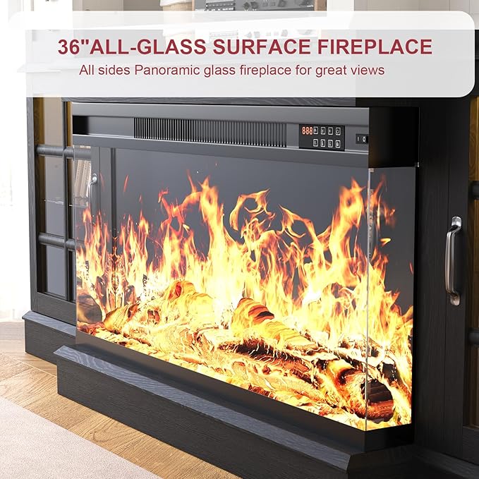 MXV 70" Fireplace TV Stand, 3-Sided Glass Fireplace and Modern Entertainment