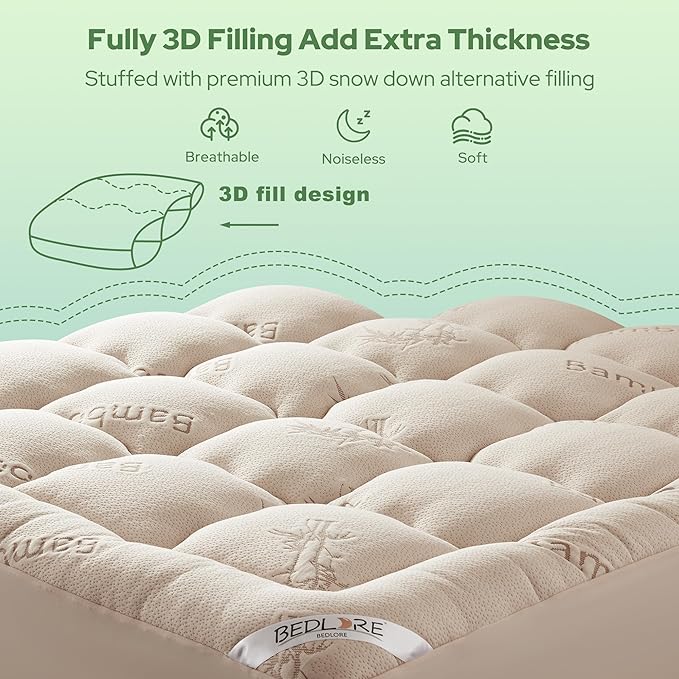 BEDLORE Twin Mattress Topper Viscose Derived from Bamboo, Thick Pillow Top