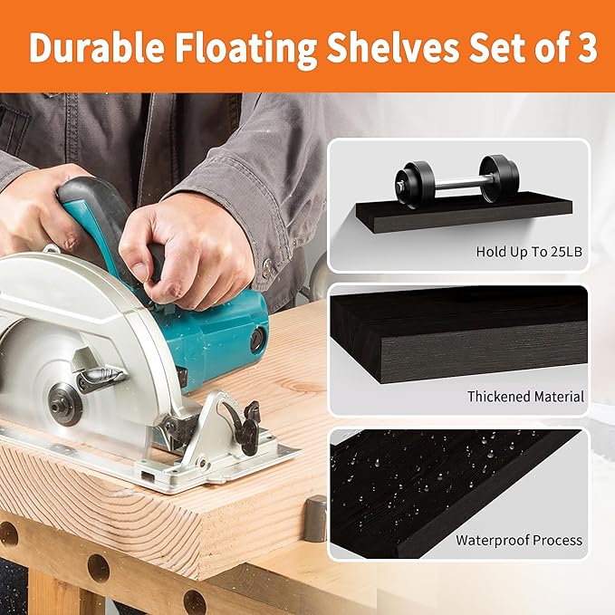 Upassion Floating Shelves for Wall Set of 3, Frame Display Black Floating Shelf