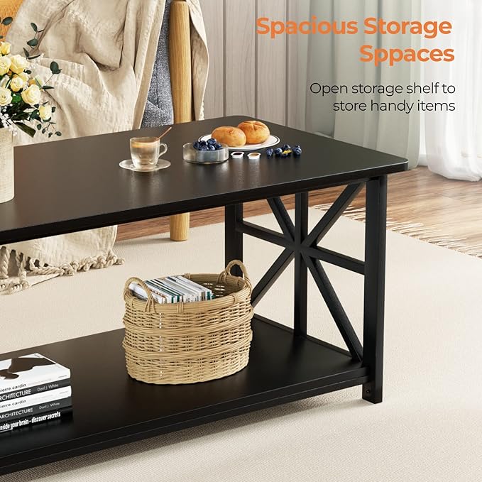 GreenForest Coffee Table with Round Corner, Farmhouse Center Table with 2-Tier