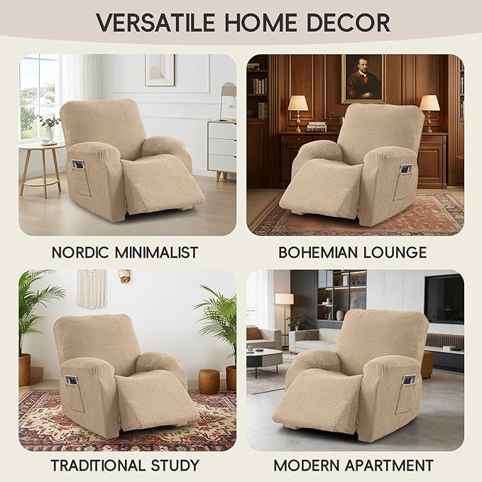 Oversized Recliner Chair Covers, 4-Piece Stretch Geometric Strokes Jacquard